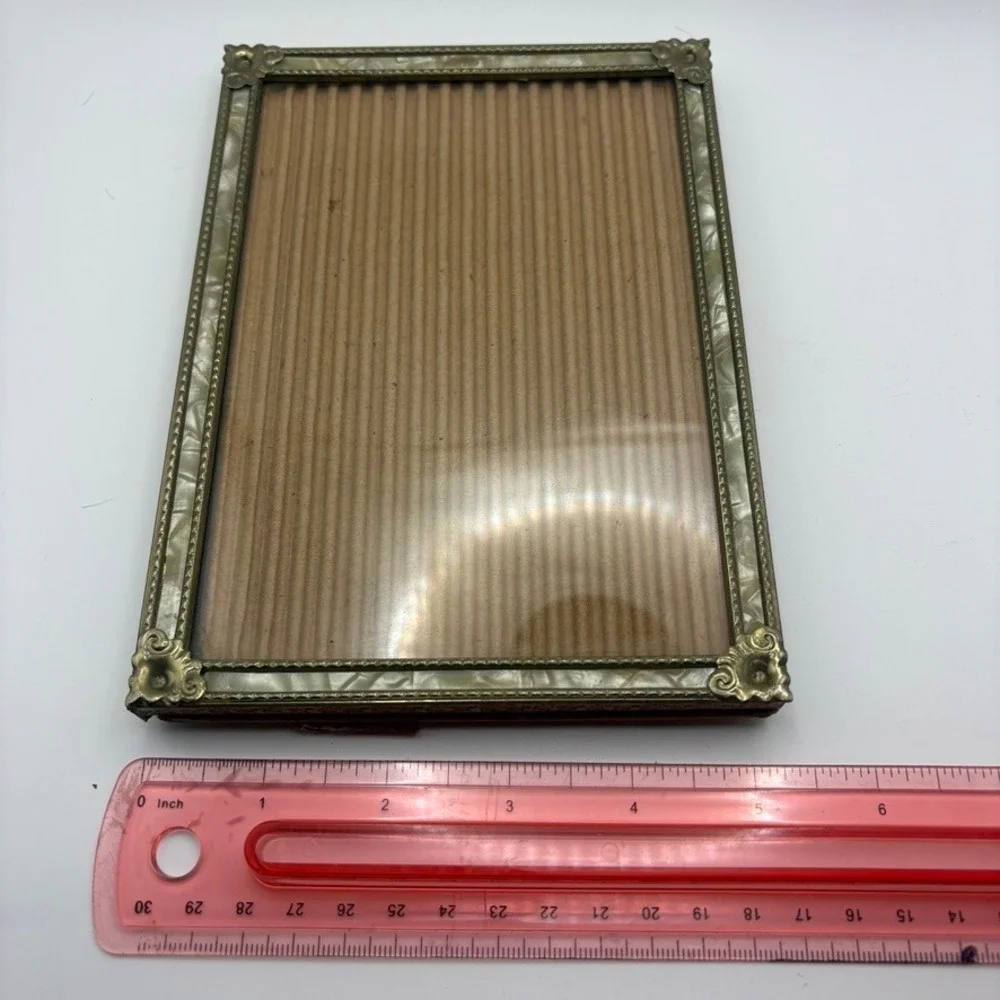 Vintage Ornate Brass Mother of Pearl Inlay Picture Frame Floral Filigree 5.5x7.5